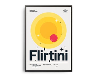 Midcentury Flirtini Cocktail Poster, Flirtini Cocktail Print, Cocktail Kitchen Art, Cocktail Recipe Poster, Cocktail Gift Art Poster