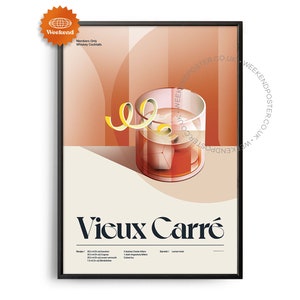 Póster de cóctel Vieux Carré de mediados de siglo, impresión de cóctel Vieux Carré, arte de cocina de cócteles, póster de recetas de cócteles, arte de regalo de cócteles, retro