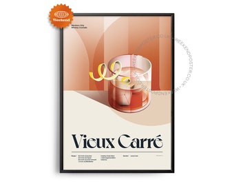 Midcentury Vieux Carré Cocktail Poster, Vieux Carré Cocktail Print, Cocktail Kitchen Art, Cocktail Recipe Poster, Cocktail Gift Art, Retro