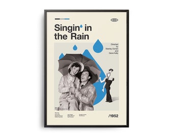 May include: A vintage movie poster for the musical Singin' in the Rain, featuring Gene Kelly and Debbie Reynolds. The poster is in a black frame and has a blue, white, and gray color scheme. The title "Singin' in the Rain" is in bold black text. The poster also includes the text "Directed by Stanley Donen and Gene Kelly" and "1952".