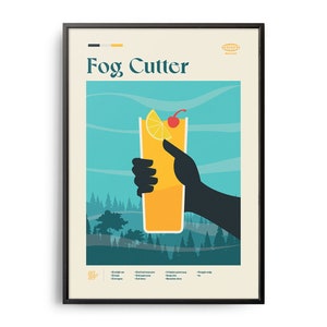 Fog Cutter Cocktail Midcentury Poster, Cocktail Recipe Poster, Cocktail Guide, Kitchen Cocktail Wall Decor, Classic Cocktails, Cocktail Gift