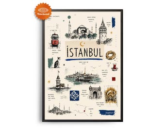Istanbul-Reiseposter | Handgezeichnete Illustration | Stadtbild für die Wand | Reise-Wanddeko | Wohndeko | Geschenk für Reisende