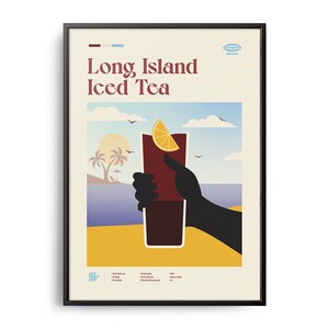 Long Island Iced Tea Cocktail Midcentury Poster, Cocktail Recipe Poster, Cocktail Guide, Kitchen Cocktail Wall Decor, Classical Cocktail Art