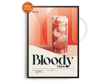 Poster del cocktail Bloody Maria di metà secolo, stampa del cocktail Bloody Maria, arte da cucina per cocktail, poster di ricette per cocktail, arte regalo per cocktail, retrò