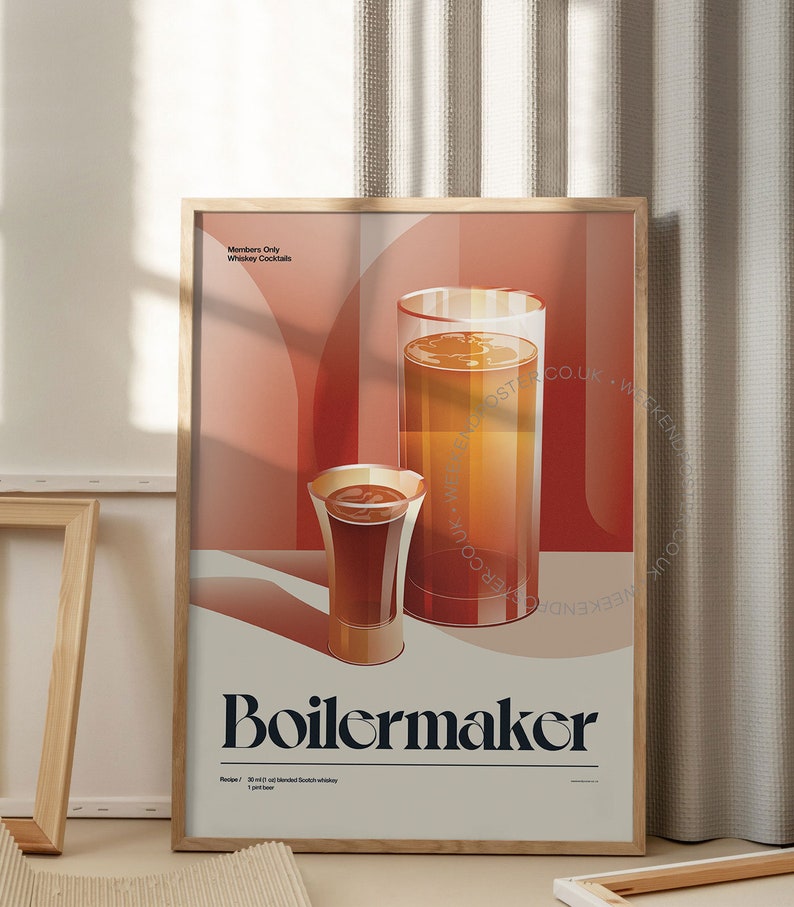 Boilermaker Text Midcentury Boilermaker Cocktail Poster, Boilermaker Cocktail Print ...