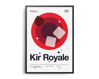 Midcentury Kir Royale Cocktail Poster, Kir Royale Cocktail Print, Cocktail Kitchen Art, Cocktail Recipe Poster, Cocktail Gift Art Poster