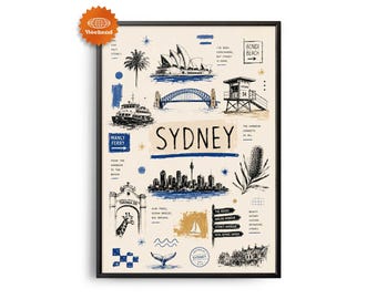 Sydney-Reiseposter | Handgezeichnete Illustration | Stadtbild für die Wand | Reise-Wanddeko | Wohndeko | Geschenk für Reisende