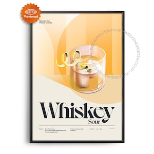 Póster de cóctel Whiskey Sour de mediados de siglo, impresión de cóctel Whiskey Sour, arte de cocina de cócteles, póster de recetas de cócteles, arte de regalo de cócteles, retro
