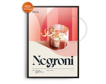 Negroni-cocktailaffisch från mitten av århundradet, Negroni-cocktailtryck, cocktailkökskonst, cocktailreceptaffisch, cocktailpresentkonst, retro Negroni