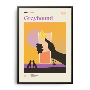 Póster de cóctel Greyhound de mediados de siglo, póster de recetas de cócteles, guía de cócteles, decoración de pared de cócteles para la cocina, cócteles clásicos, regalo de cócteles