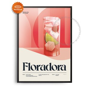 Póster de cóctel Floradora de mediados de siglo, impresión de cóctel Floradora, arte de cocina de cócteles, póster de recetas de cócteles, arte de regalo de cócteles, retro