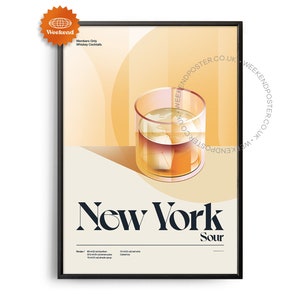 Póster de cóctel agrio neoyorquino de mediados de siglo, impresión de cócteles, arte de cocina de cócteles, póster de recetas de cócteles, arte de regalo de cócteles, retro