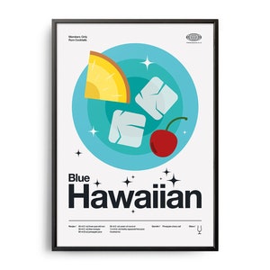 Póster de cóctel hawaiano azul de mediados de siglo, impresión de cóctel hawaiano azul, arte de cocina de cócteles, póster de recetas de cócteles, arte de regalo de cócteles