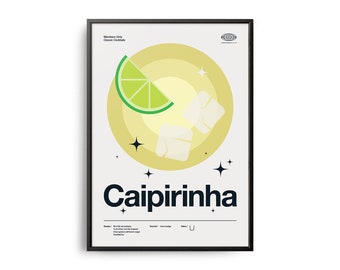 Midcentury Caipirinha Cocktail Poster, Caipirinha Cocktail Print, Cocktail Kitchen Art, Cocktail Recipe Poster, Caipirinha Cocktail Gift Art