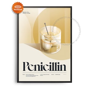 Póster de cóctel de penicilina de mediados de siglo, impresión de cóctel de penicilina, arte de cocina de cócteles, póster de recetas de cócteles, arte de regalo de cócteles, retro