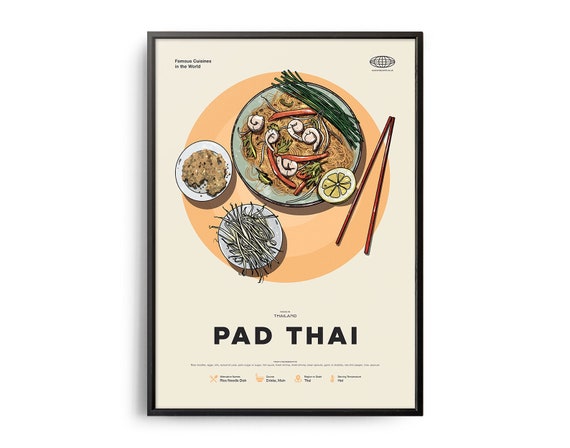 PAD THAI Poster, Midcentury Pad Thai Print, Food Wall Art, Food Recipe Wall Decor, Retro Food Poster, Kitchen Decor, World Cuisine Art, Gift