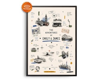 PERSONALIZED Travel Adventure Poster | Hand Drawn Couple Travel Map | Custom Adventure Print | Travel Memories Gift | Our Adventures