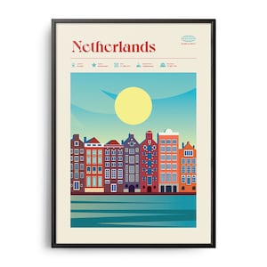 Impression des Pays-Bas du milieu du siècle, monuments des Pays-Bas, attractions touristiques, affiche de voyage rétro, impression rétro des Pays-Bas, art mural des Pays-Bas