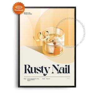 Rusty Nail Cocktail Poster, Rostiger Nagel Cocktail Print, Cocktail Küchenkunst, Cocktailrezept Poster, Cocktail Geschenk Kunst, Retro