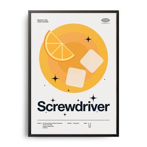 Midcentury Schraubenzieher-Cocktailplakat, Schraubenzieher-Cocktaildruck, Cocktail-Küchenkunst, Cocktailrezeptplakat, Cocktailgeschenk-Kunstplakat