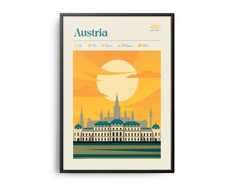 Midcentury Austria Print, Austria Landmarks, Tourist Attractions, Retro Travel Poster, Retro Austria Print, Austria Wall Art, Austria Travel