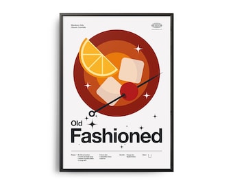 Midcentury Old Fashioned Cocktail Poster, Old Fashioned Cocktail Print, Cocktail Kitchen Art, Cocktail Recipe Poster, Cocktail Gift Poster