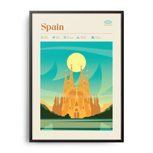 Midcentury Spanien Druck, Spanien Wahrzeichen, Sehenswürdigkeiten, Retro Reise Poster, Retro Spanien Druck, Spanien Wandkunst, Spanien Reiseplakat