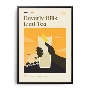 Beverley Hills Eistee-Cocktail Midcentury Poster, Cocktailrezept-Poster, Cocktail-Anleitung, Küchen-Cocktailwanddekor, Cocktail-Geschenkkunst