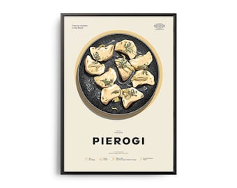 PIEROGI Poster, Midcentury Pierogi Print, Food Wall Art, Food Recipe Wall Decor, Retro Food Poster, Kitchen Decor, World Cuisine Print, Gift