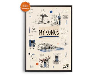 Mykonos-Reiseposter | Handgezeichnete Illustration | Stadtbild für die Wand | Reise-Wanddeko | Wohndeko | Geschenk für Reisende
