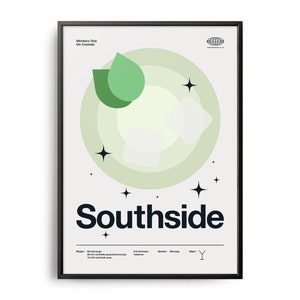 Póster de cócteles de Southside de mediados de siglo, impresión de cócteles de Southside, arte de cocina de cócteles, póster de recetas de cócteles de Southside, arte de regalo de cócteles