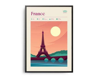 Midcentury France Print, France Landmarks, Tourist Attractions, Retro Travel Poster, Retro France Print, France Wall Art, France Travel Art