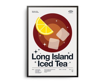 Póster de cóctel Long Island Iced Tea de mediados de siglo, lámina de cóctel, arte de cocina para cócteles, lámina con receta de cóctel, regalo artístico de cóctel, Long Island