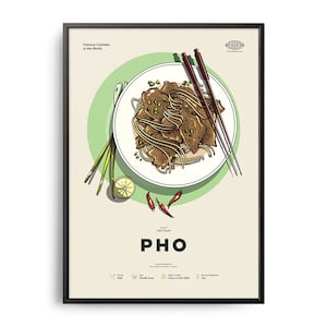Plakat PHO, wydruk zupy Pho z połowy wieku, sztuka ścienna z jedzeniem, dekoracja ścienna z przepisami na jedzenie, plakat z jedzeniem w stylu retro, wystrój kuchni, plakat z kuchnią świata, prezent