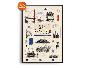 Reiseposter San Francisco | Handgezeichnete Illustration | Stadtbild | Wanddekoration für Reisende | Wohnaccessoires | Geschenk für Reisende