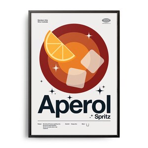 Póster de cóctel Aperol Spritz de mediados de siglo, impresión de cóctel Aperol Spritz, arte de cocina con cócteles, póster de recetas de cócteles, arte de regalo con cócteles