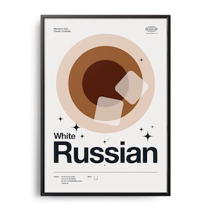 Póster de cóctel ruso blanco de mediados de siglo, impresión de cóctel ruso blanco, arte de cocina de cócteles, póster de recetas de cócteles, arte de regalo de cócteles