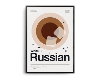 May include: A white and brown abstract graphic poster with the text "White Russian" and a recipe for the cocktail. The poster has a black frame.