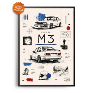 BMW M3 Poster | Hand Drawn Car Poster | Gifts For Car Guys | Supercar Wall Art | Man Cave Decor Print | Racing Car Print
