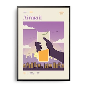 Airmail Cocktail Midcentury Poster, Cocktail Recipe Poster, Cocktail Guide, Kitchen Cocktail Wall Decor, Classical Cocktails, Cocktail Gift