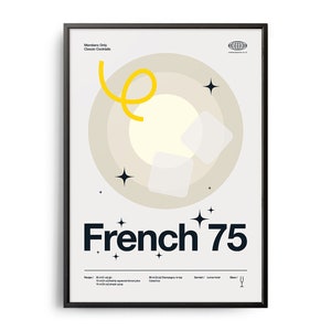 Póster de cóctel French 75 de mediados de siglo, impresión de cóctel French 75, arte de cocina con cócteles, póster de receta de cóctel French 75, póster de regalo de cóctel