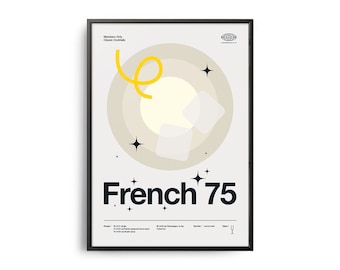 Midcentury French 75 Cocktail Poster, French 75 Cocktail Print, Cocktail Kitchen Art, French 75 Cocktail Recipe Poster, Cocktail Gift Poster