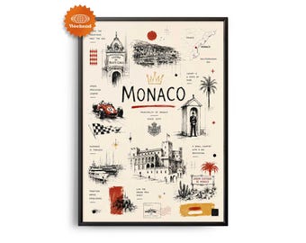 Monaco-Reiseposter | Handgezeichnete Illustration | Stadtbild für die Wand | Reise-Wanddeko | Wohndeko | Geschenk für Reisende