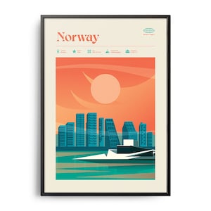 Midcentury Norway Print, Norway Landmarks, Tourist Attractions, Retro Travel Poster, Retro Norway Print, Norway Wall Art, Norway Travel Art