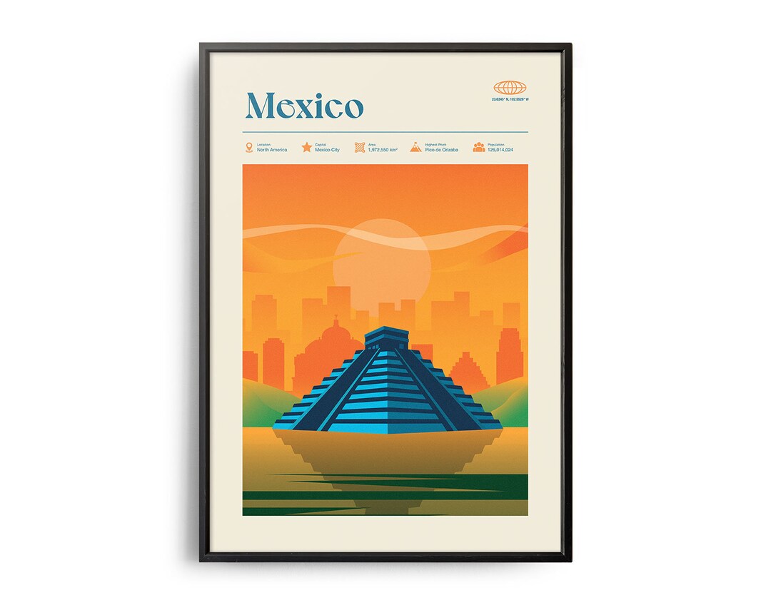 Midcentury Mexico Print, Mexico Landmarks, Tourist Attractions, Retro