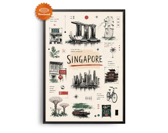 Singapur-Reiseposter | Handgezeichnete Illustration | Stadtbild | Wanddekoration für Reisende | Wohnaccessoires | Geschenk für Reisende