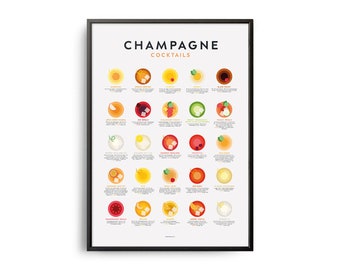 Midcentury Champagne Cocktails Guide Poster, Champagne Cocktails Print, Cocktails Guide Kitchen Art, Cocktails Recipe Poster, Cocktails Gift