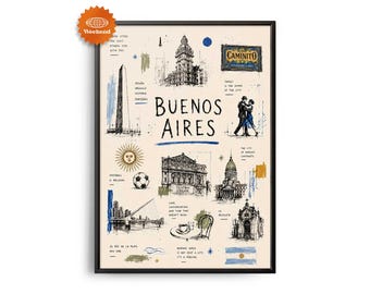 BUENOS AIRES Travel Poster | Hand Drawn Illustration | City Wall Art | Travel Wall Decor | Home Decor | Gift for Travelers