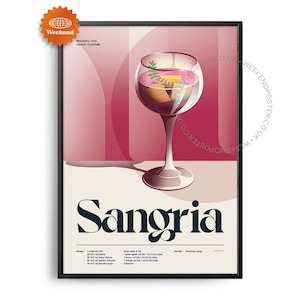 Midcentury Sangria Cocktail Poster, Sangria Cocktail Print, Cocktail Kitchen Art, Cocktail Recipe Poster, Cocktail Gift Art, Retro