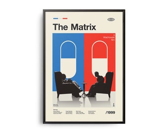 Pode incluir: Um pôster minimalista para o filme "Matrix" com um design de pílulas vermelha e azul com duas figuras sentadas em cadeiras. O texto "Matrix" está em preto e o texto "Um filme dos Wachowski" está em branco. O ano "1999" está no canto inferior direito.
